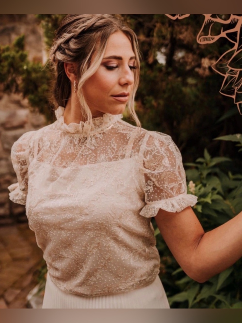 Delicate Cream Shimmer Lace Mock-Neck Blouse with Blush Underlay
